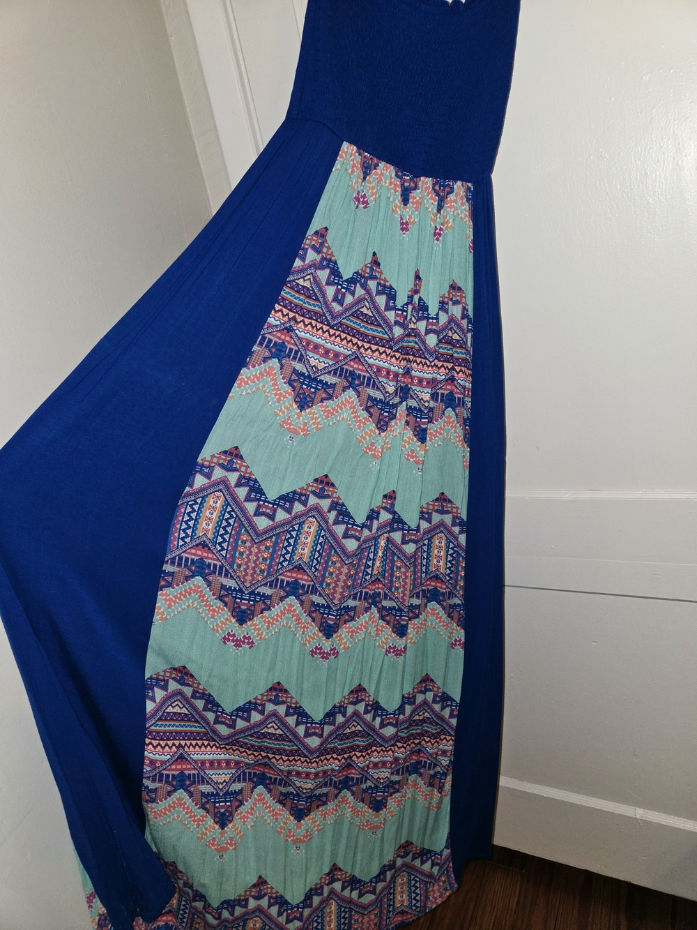 Blue Maxi Dress with Mint Aztec Panel